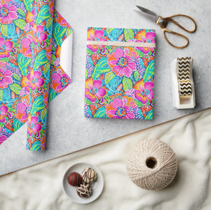 Bloempatroon in Levendig Roze, Blauw, Sinaasappel Cadeaupapier