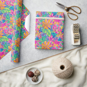 Bloempatroon in Levendig Roze, Blauw, Sinaasappel Cadeaupapier