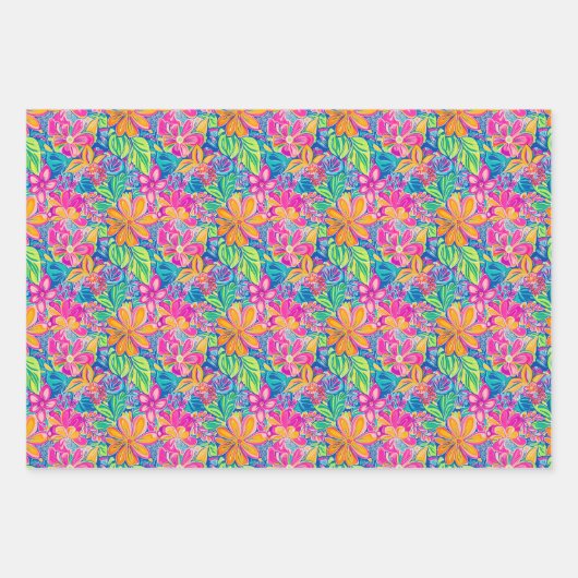 Bloempatroon in Levendig Roze, Blauw, Sinaasappel Inpakpapier Vel (Voorkant 2)