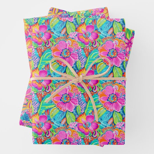 Bloempatroon in Levendig Roze, Blauw, Sinaasappel Inpakpapier Vel (In situ)