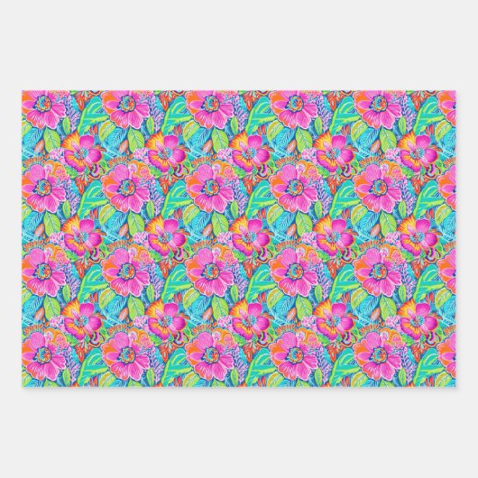 Bloempatroon in Levendig Roze, Blauw, Sinaasappel Inpakpapier Vel (Voorkant)