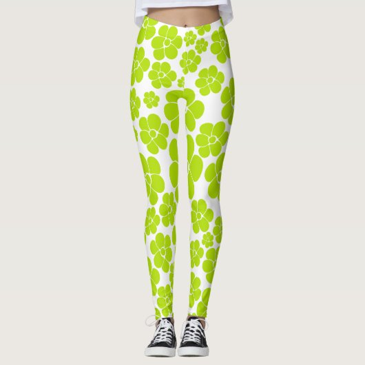 Bloempatroon in Lime Groen en Wit Leggings (Voorkant)