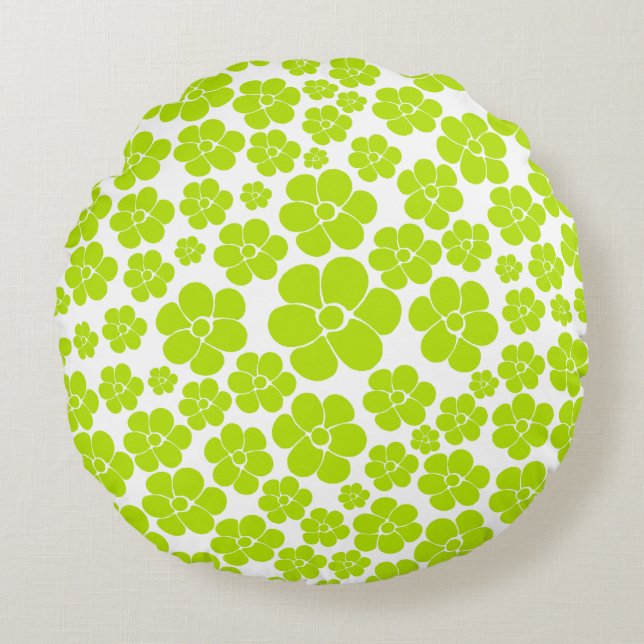 Bloempatroon in Lime Groen en Wit Rond Kussen (Voorkant)