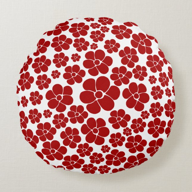 Bloempatroon in rood en wit rond kussen (Voorkant)