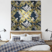 Bloempatroon met gouden elementen blauwe achtergro canvas afdruk (Insitu (Slaapkamer))