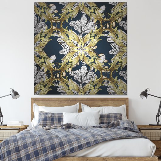 Bloempatroon met gouden elementen blauwe achtergro canvas afdruk (Insitu (Slaapkamer))