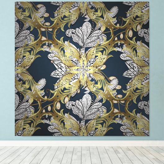 Bloempatroon met gouden elementen blauwe achtergro canvas afdruk (Insitu (Houten vloer))