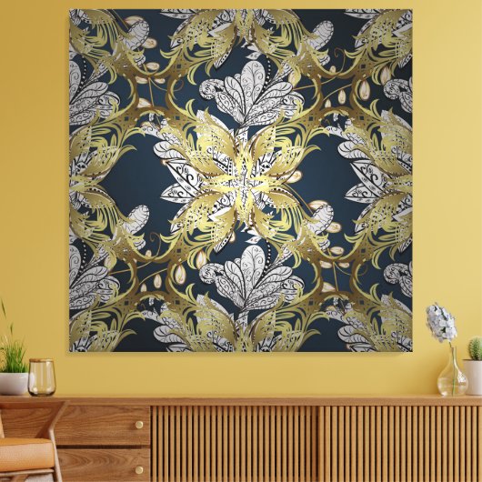 Bloempatroon met gouden elementen blauwe achtergro canvas afdruk (Insitu (Woonkamer))