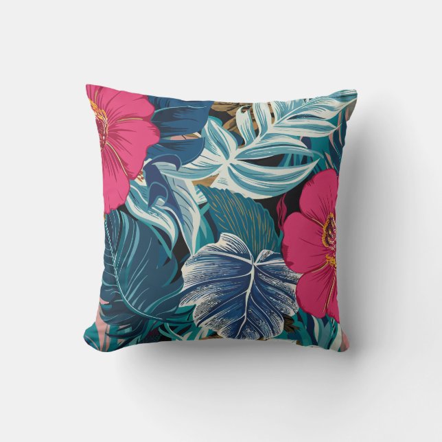 Bloempatroon met roze hibiscus en blauw gebladerte kussen (Voorkant)