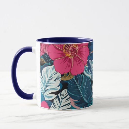 Bloempatroon met roze hibiscus en blauw gebladerte mok (Links)