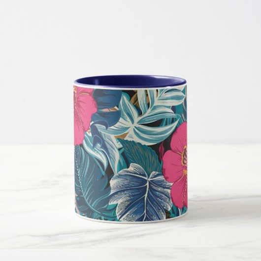 Bloempatroon met roze hibiscus en blauw gebladerte mok (Midden)