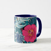 Bloempatroon met roze hibiscus en blauw gebladerte mok (Voorkant rechts)