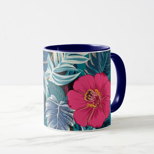 Bloempatroon met roze hibiscus en blauw gebladerte mok (Voorkant rechts)