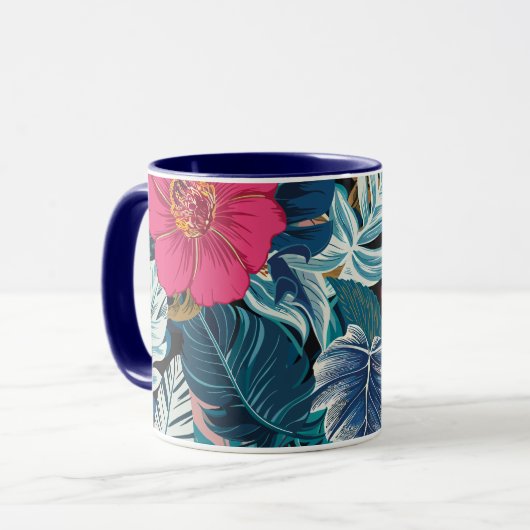 Bloempatroon met roze hibiscus en blauw gebladerte mok (Voorkant links)