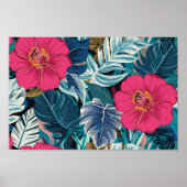 Bloempatroon met roze hibiscus en blauw gebladerte poster (Voorkant)
