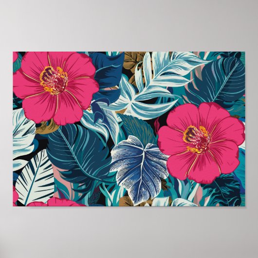 Bloempatroon met roze hibiscus en blauw gebladerte poster (Voorkant)