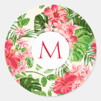 Bloempatroon Rode Hibiscus Monogram Ronde sticker