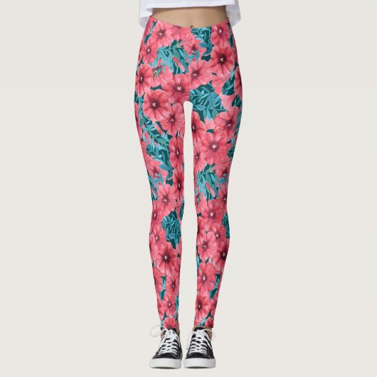Bloempatroon rode waterverf petunia leggings (Voorkant)