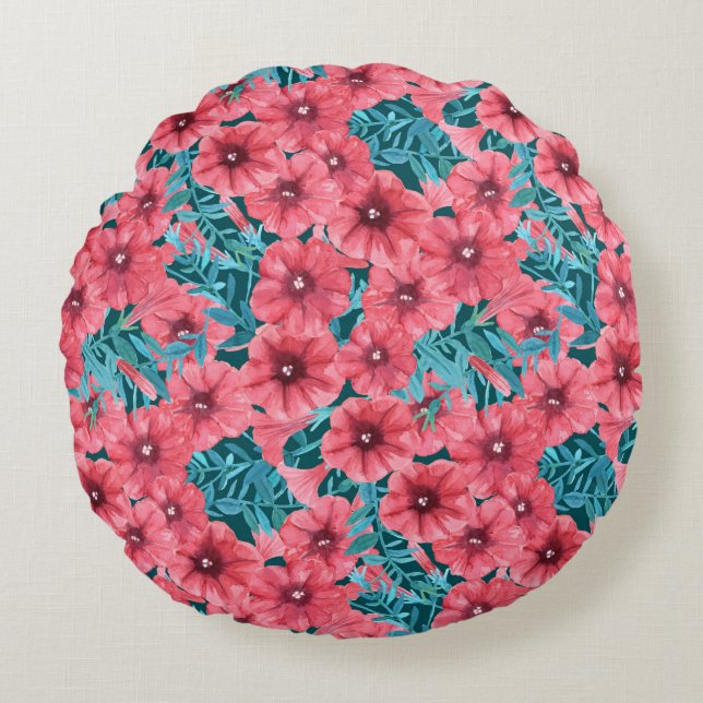 Bloempatroon rode waterverf petunia rond kussen (Voorkant)
