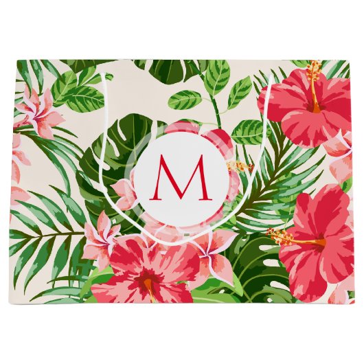 Bloempatroon Rood Hibiscus Monogram L Gift Bag Large Cadeautasje (Voorkant)