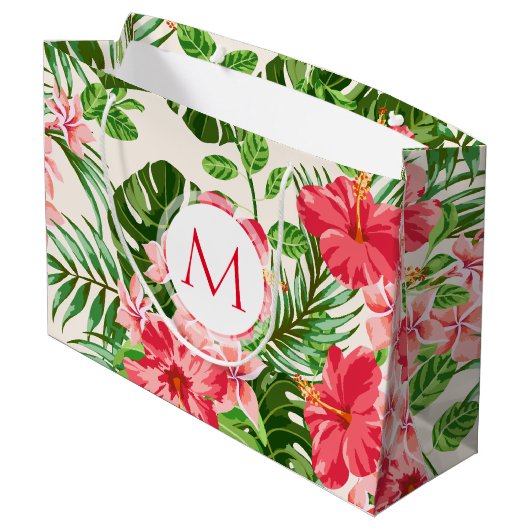 Bloempatroon Rood Hibiscus Monogram L Gift Bag Large Cadeautasje (Achterkant Gekanteld)