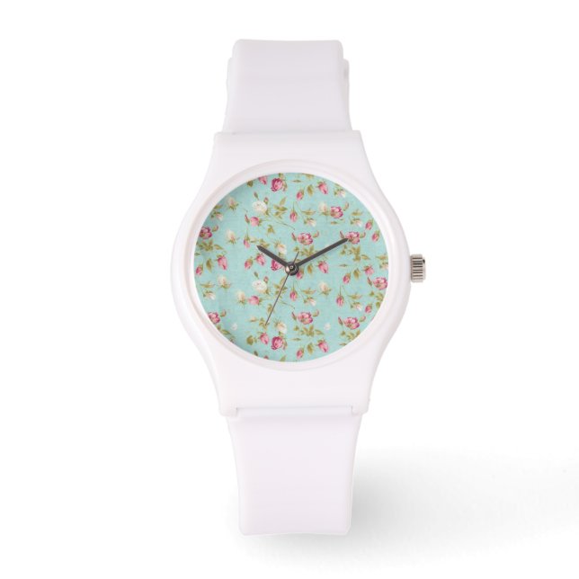  bloempatroon rozen blauw roos horloge (Voorkant)