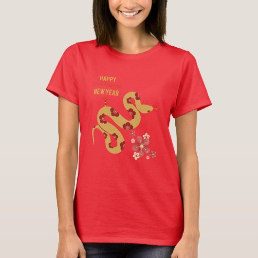 Bloempatroon Slang Gelukkig Chinees Nieuwjaar Rood T-shirt (Voorkant)