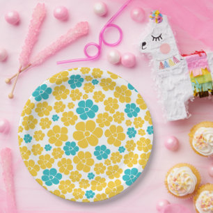 Bloempatroon - Turquoise en Yellow Papieren Bordje