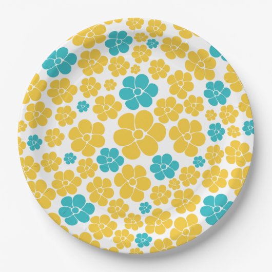 Bloempatroon - Turquoise en Yellow Papieren Bordje (Voorkant)