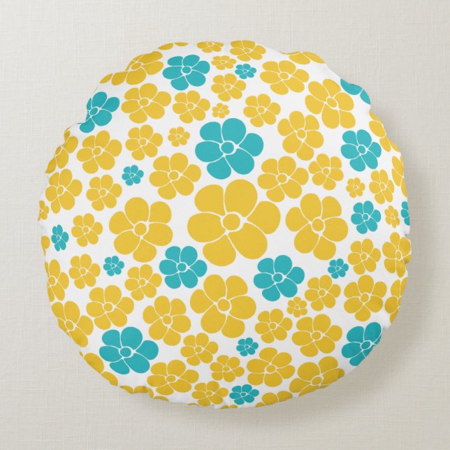Bloempatroon - Turquoise en Yellow Rond Kussen (Voorkant)