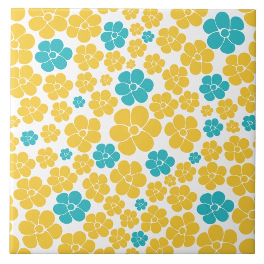Bloempatroon - Turquoise en Yellow Tegeltje (Voorkant)