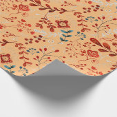 Bloempatroon van rode en blauwe planten op bruine  cadeaupapier (Hoek)