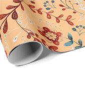 Bloempatroon van rode en blauwe planten op bruine  cadeaupapier (Rol Hoek)