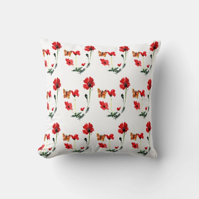 Bloempatroon vlinder rode papaver kussen (Voorkant)