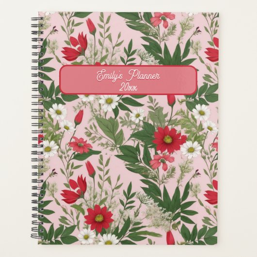 Bloempatroon Wilde bloemen Roze en witte bladeren Planner (Voorkant)