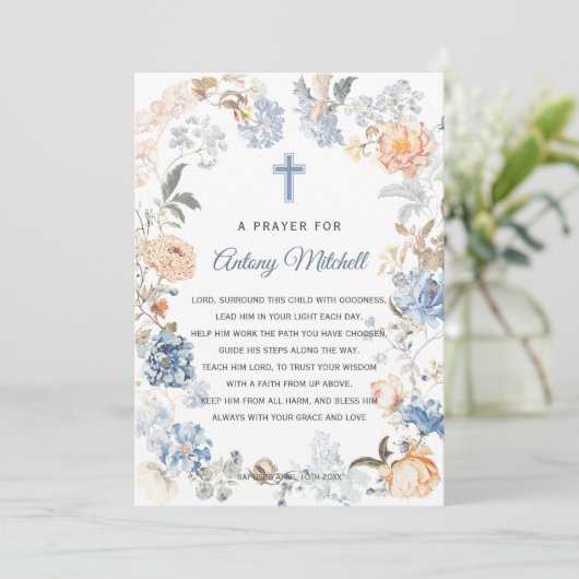 Bloemperzik Blush Blauw Doopgebed Kaart (Staand voorkant)
