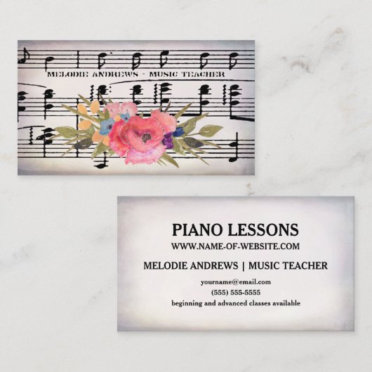  Bloempianodocent  Blad van Muziek Visitekaartje (Voorkant / Achterkant)