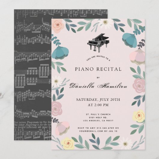 Bloempianoroze recital uitnodiging (Voorkant / Achterkant)