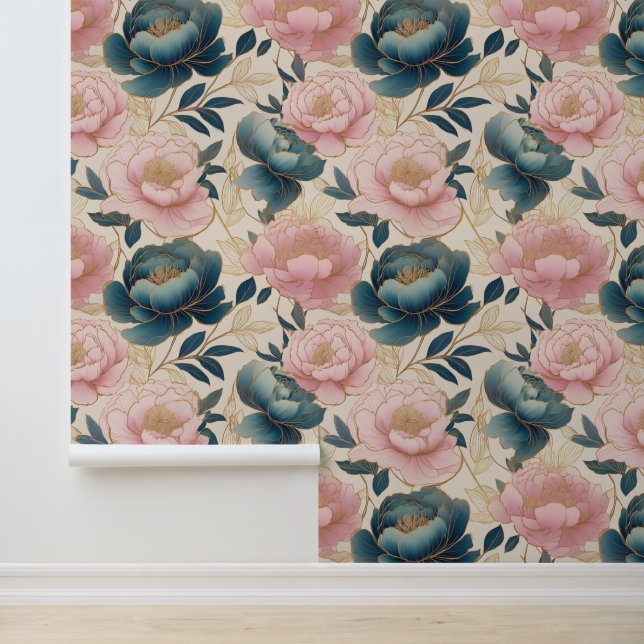 Bloempioenen Blauw Roze Goud op Crème Behang (Applicatie)