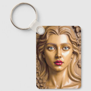 Bloemportret van een elegante vrouw in hout sleutelhanger