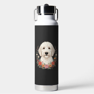 Bloemportret van hond in botanische krans waterfles