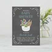 Bloempot Chalkboard Blauw Baby shower Uitnodiging (Staand voorkant)