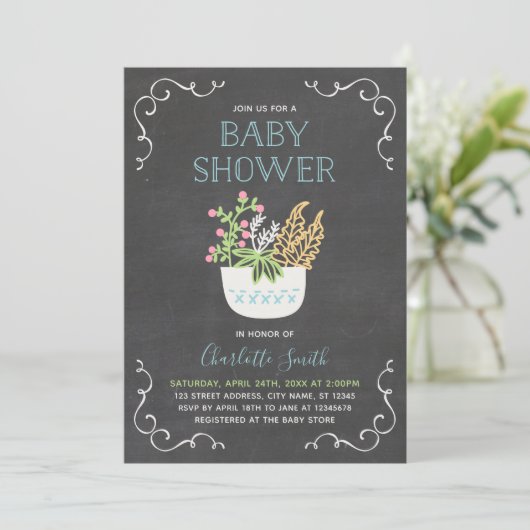 Bloempot Chalkboard Blauw Baby shower Uitnodiging (Staand voorkant)