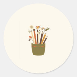 Bloempot potloodsticker met bloemen ronde sticker