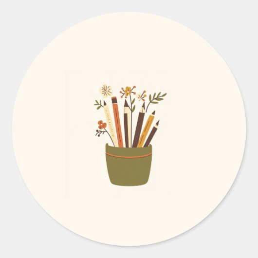 Bloempot potloodsticker met bloemen ronde sticker (Voorkant)