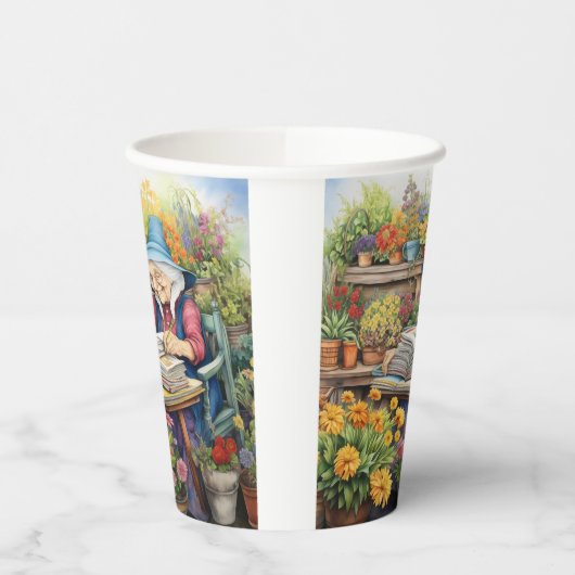 Bloempot tuin Lady leesboek te midden van bloemen Papieren Bekers (Links)