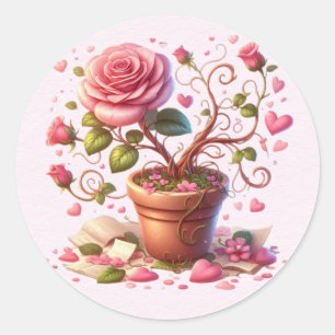 Bloempot van Roze Rozen Valentijn Ronde Sticker