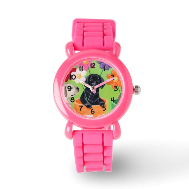 Bloempot Zwart Lab Puppy Schilderij Horloge (Voorkant)