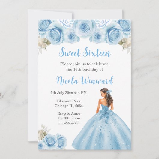 Bloemprinses in blauwe jurk Sweet Sixteen Kaart (Voorkant)