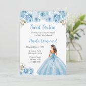 Bloemprinses in blauwe jurk Sweet Sixteen Kaart (Staand voorkant)
